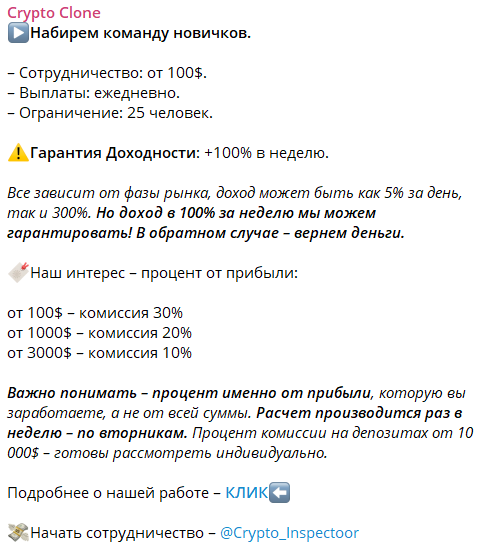 Реально ли заработать с ТГ-каналом Crypto Clone, обзор и отзывы. Обман или нет?